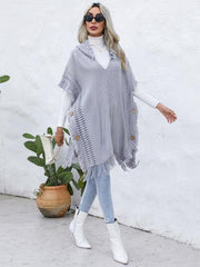 Fringe Trim Buttoned Hooded Poncho - Trendsi