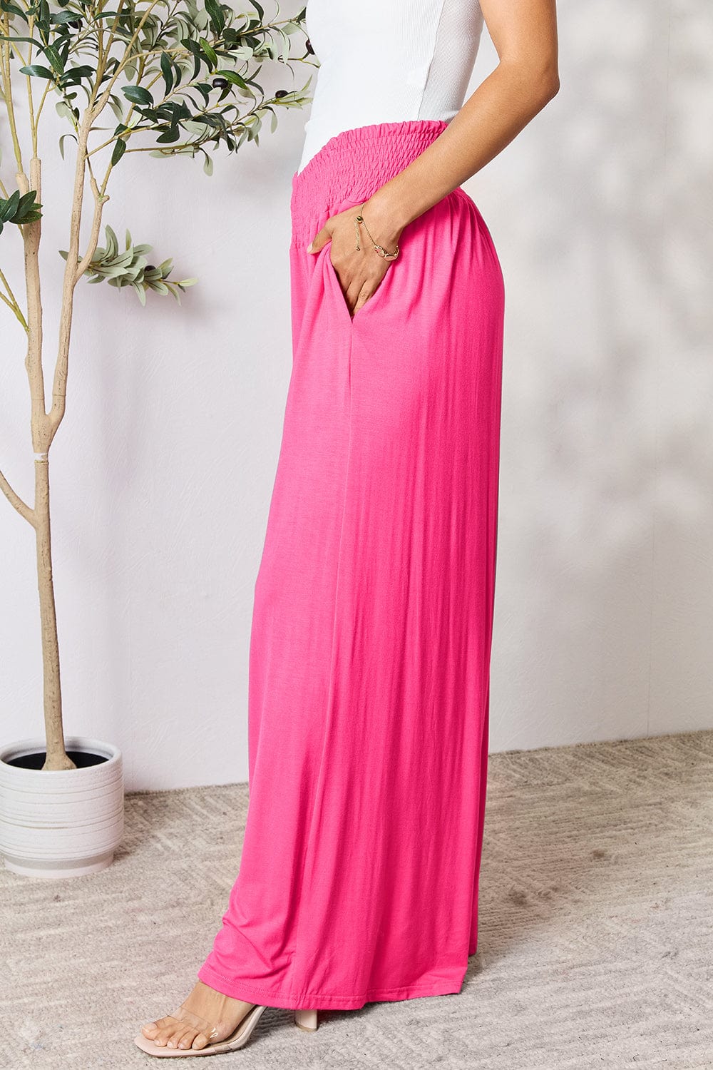 Double Take Full Size Smocked Wide Waistband Wide Leg Pants - Trendsi