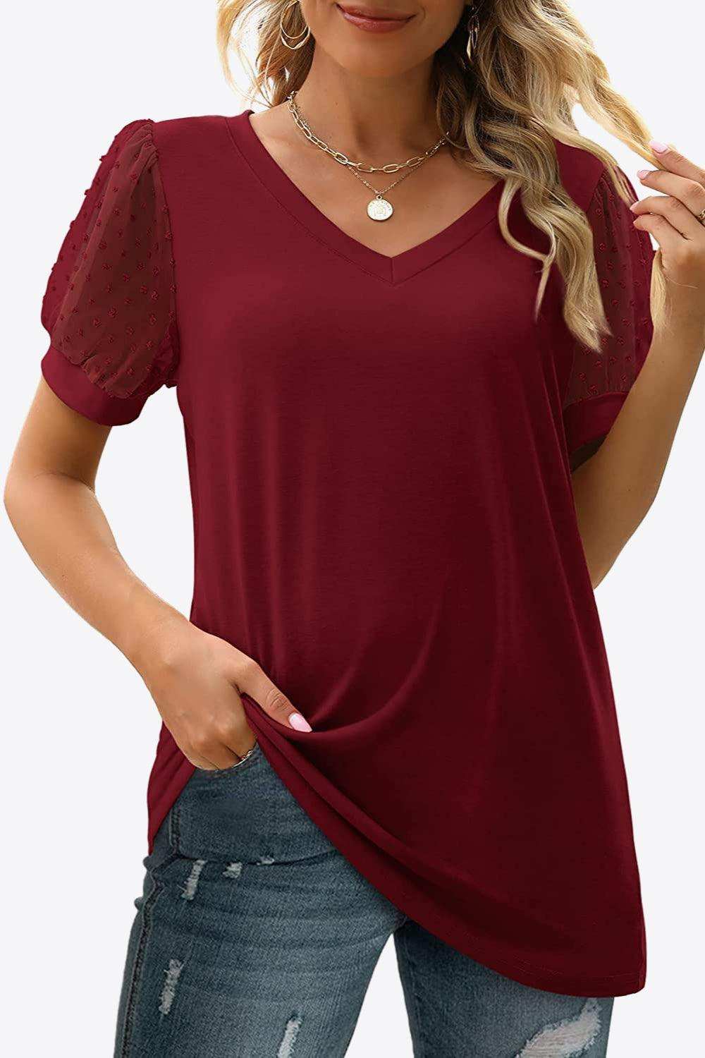 Swiss Dot Puff Sleeve V-Neck Tee - Trendsi - Flyclothing LLC