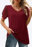 Swiss Dot Puff Sleeve V-Neck Tee - Trendsi - Flyclothing LLC