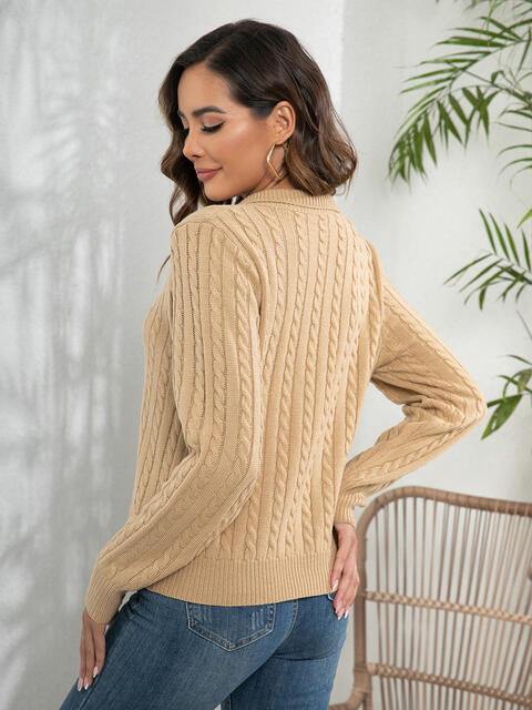 Johnny Collar Cable-Knit Long Sleeve Sweater - Trendsi