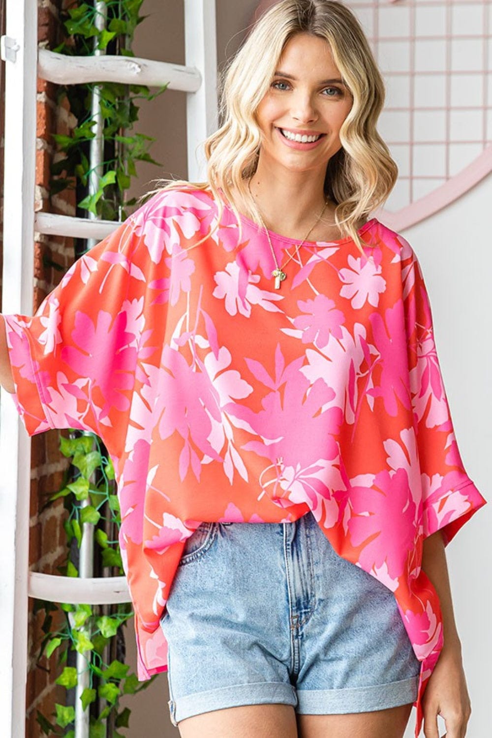 First Love Slit Printed Round Neck Half Sleeve Blouse - Trendsi