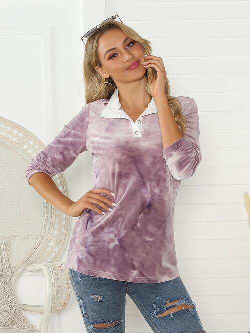 Tie-Dye Half Button Long Sleeve T-Shirt - Trendsi - Flyclothing LLC