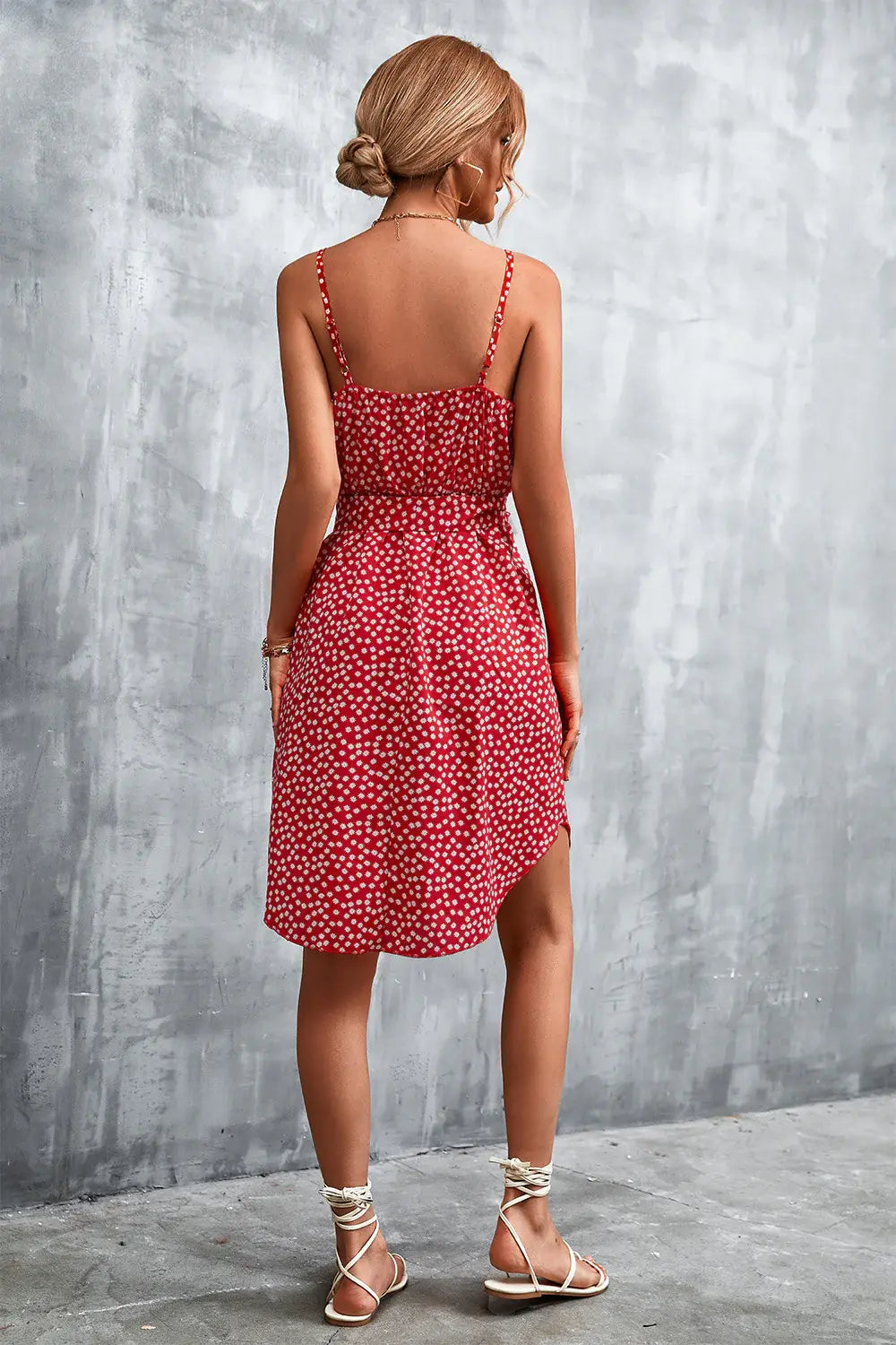 Printed V-Neck Tie Waist Mini Dress - Trendsi - Flyclothing LLC