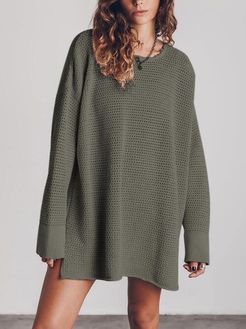 Openwork Round Neck Long Sleeve Slit Sweater - Trendsi