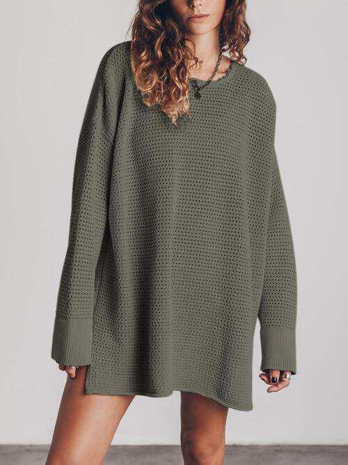 Openwork Round Neck Long Sleeve Slit Sweater - Trendsi - Flyclothing LLC