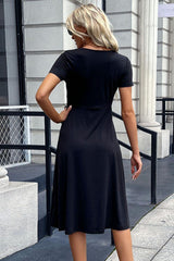 Buttoned Short Sleeve Slit Dress - Flyclothing LLC