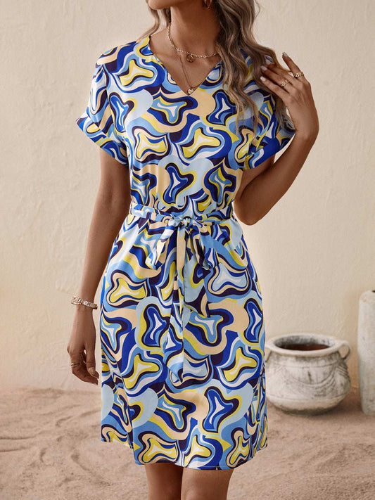 Tied Printed V-Neck Short Sleeve Dress - Trendsi - Flyclothing LLC