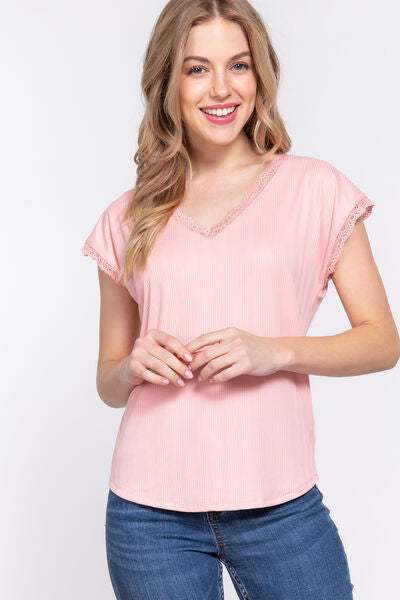 ACTIVE BASIC Lace Trim V-Neck Short Sleeve Ribbed Top - Trendsi - Flyclothing LLC