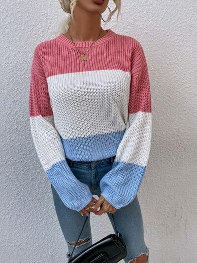Color Block Round Neck Sweater - Trendsi