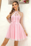 Tie Neck Open Back Mesh Dress - Trendsi