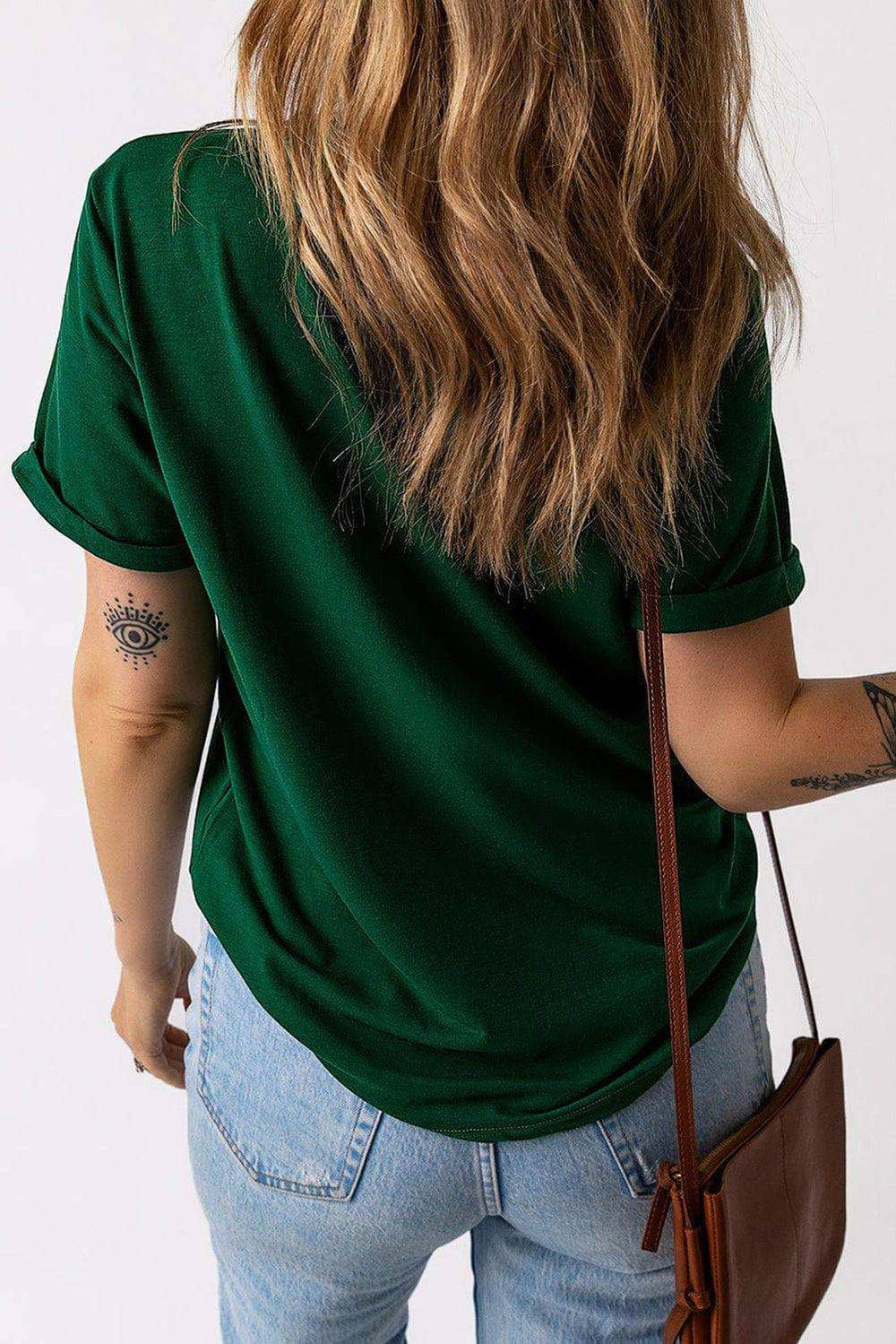 Round Neck Cuffed Short Sleeve Tee - Trendsi - Flyclothing LLC