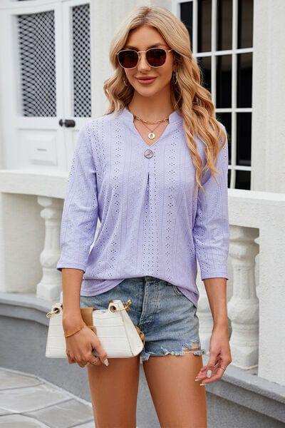 Eyelet Notched Knit Jacquard Top - Trendsi - Flyclothing LLC