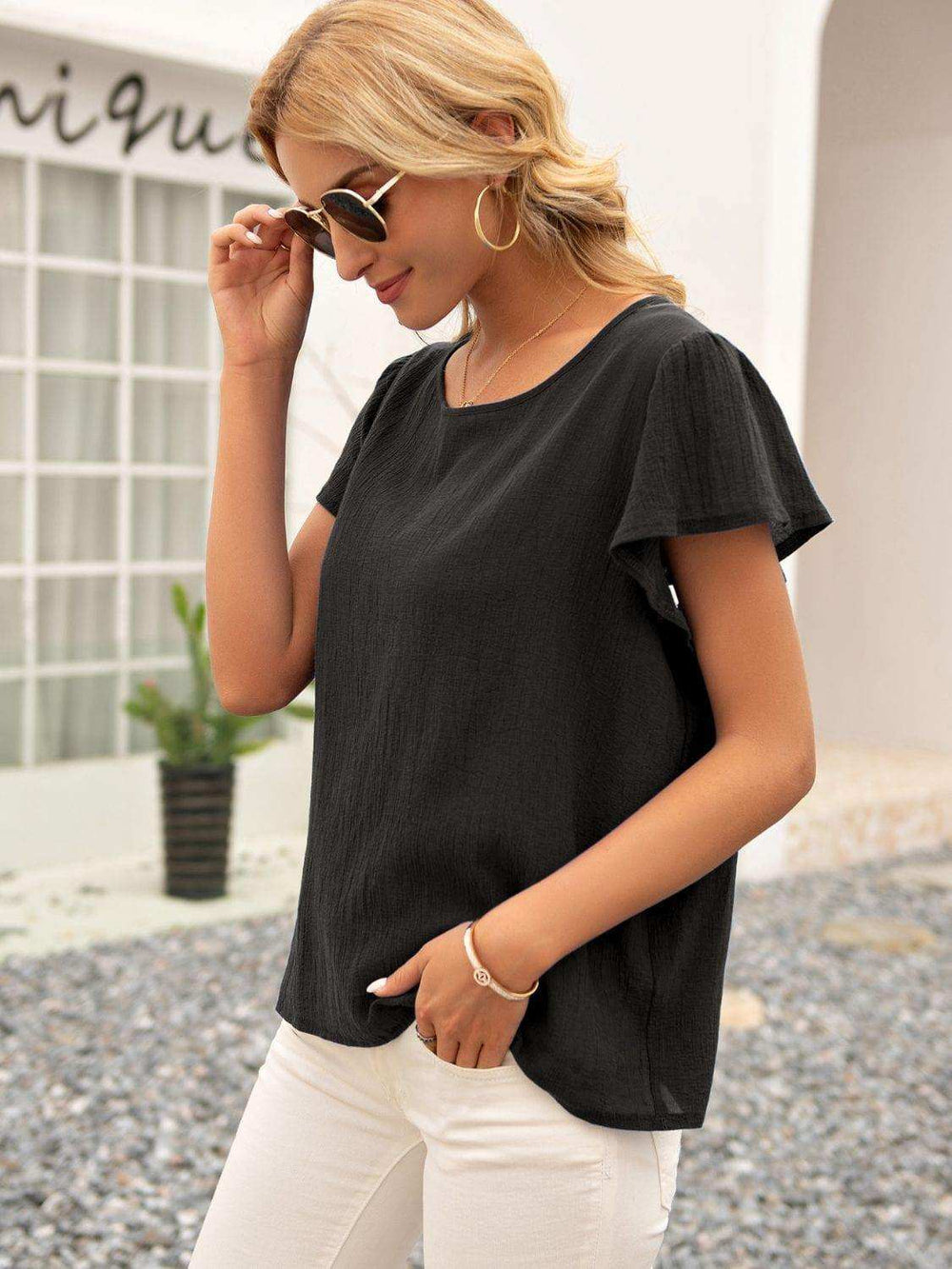 Round Neck Cutout Tie Back Top - Trendsi - Flyclothing LLC