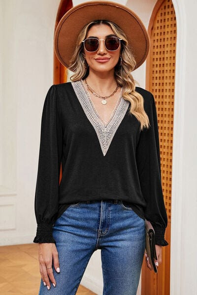 Lace Detail V-Neck Lantern Sleeve T-Shirt - Trendsi
