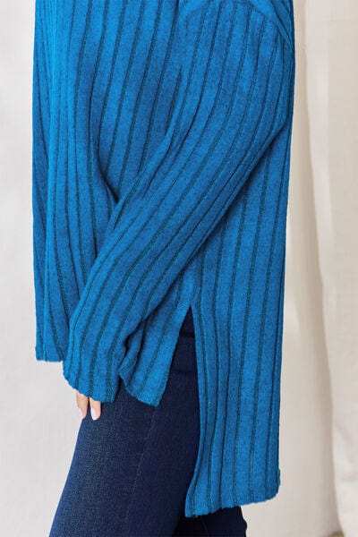 Basic Bae Full Size Ribbed Half Button Long Sleeve High-Low T-Shirt - Trendsi - Flyclothing LLC