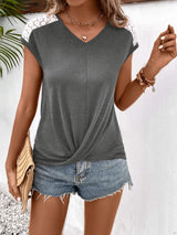 Spliced Lace V-Neck Twisted Hem Tee - Trendsi - Flyclothing LLC