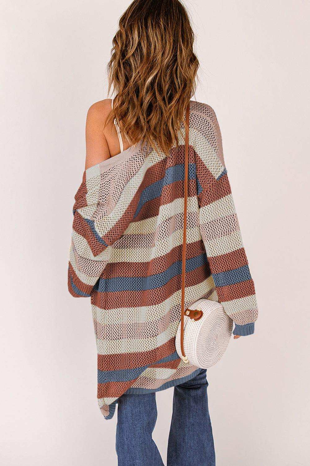 Full Size Striped Long Sleeve Openwork Cardigan - Trendsi - Flyclothing LLC