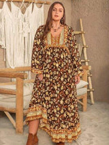 Plus Size Printed V-Neck Balloon Sleeve Dress - Trendsi - Flyclothing LLC