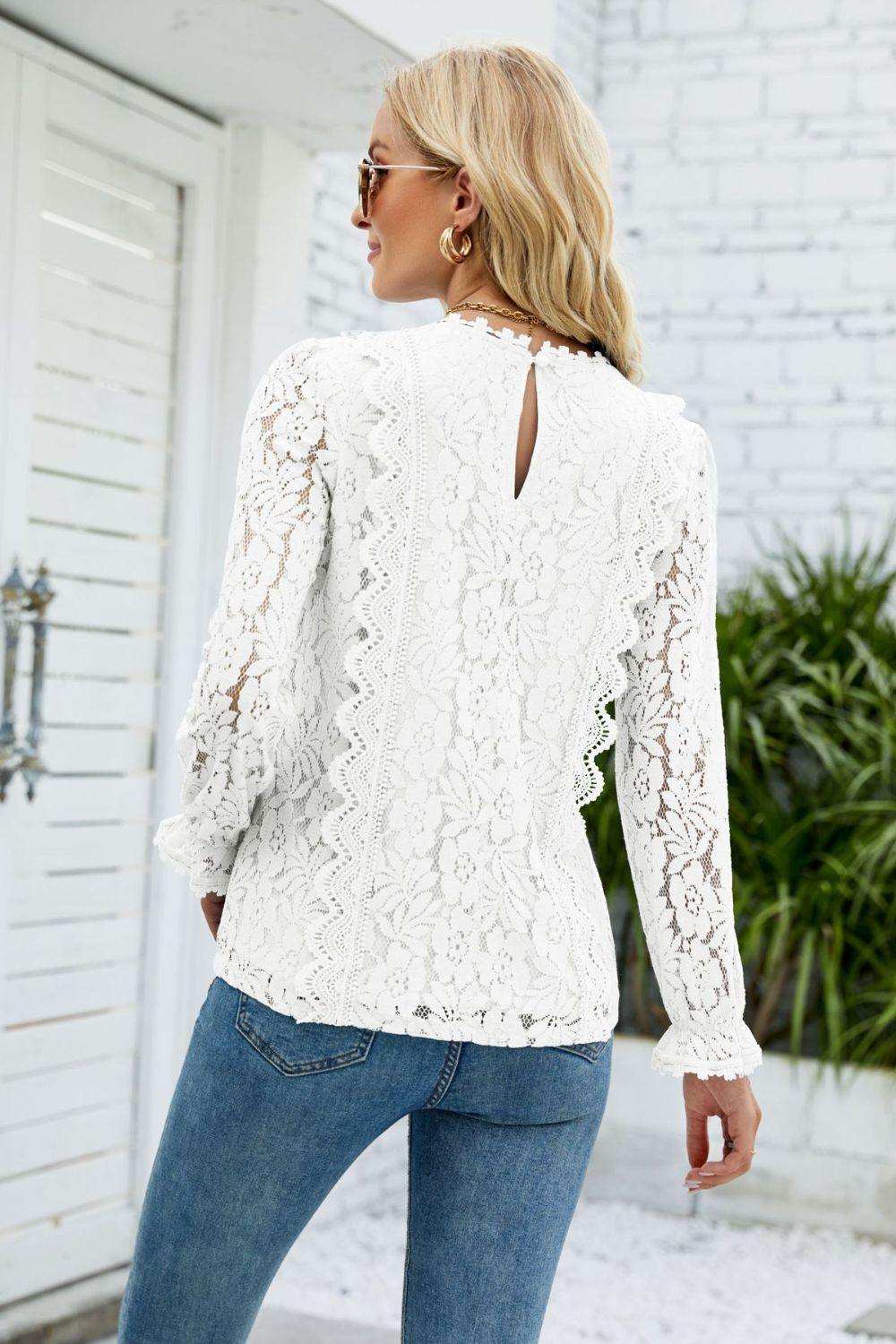 V-Neck Flounce Sleeve Lace Top - Trendsi - Flyclothing LLC