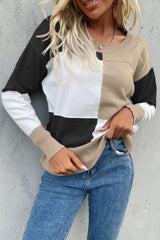Color Block Ribbed Trim Round Neck Knit Pullover - Trendsi
