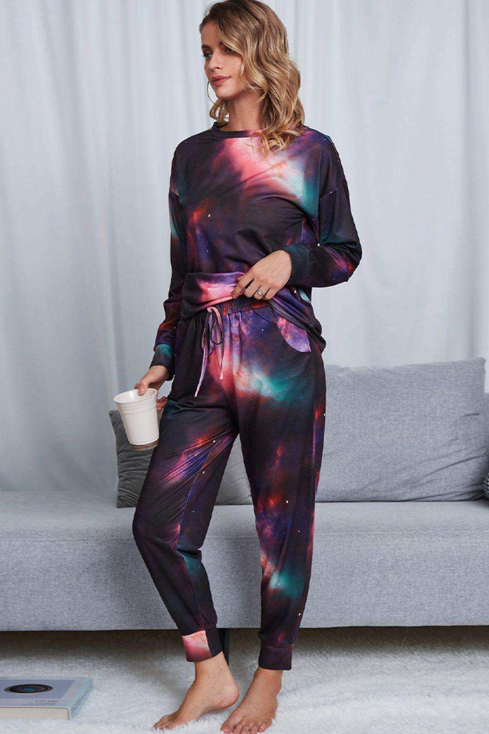 Tie-Dye Crewneck Top and Drawstring Waist Joggers Lounge Set - Trendsi - Flyclothing LLC
