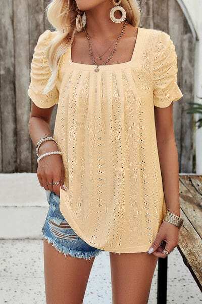 Eyelet Square Neck Puff Sleeve T-Shirt - Trendsi - Flyclothing LLC