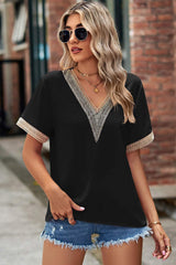 Openwork V-Neck Short Sleeve T-Shirt - Trendsi - Flyclothing LLC