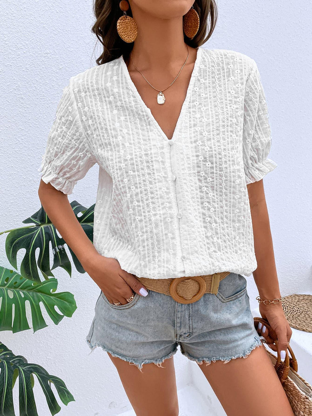 Buttoned V-Neck Flounce Sleeve Top - Trendsi