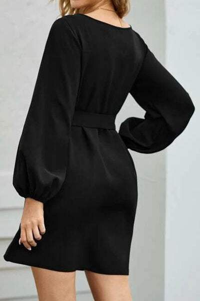 Tied Boat Neck Balloon Sleeve Mini Dress - Trendsi - Flyclothing LLC