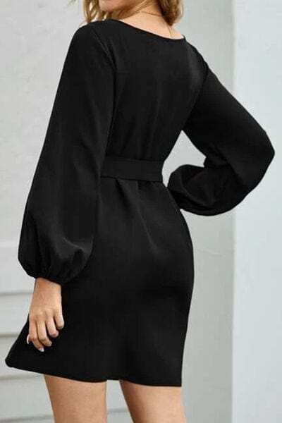 Tied Boat Neck Balloon Sleeve Mini Dress - Trendsi - Flyclothing LLC