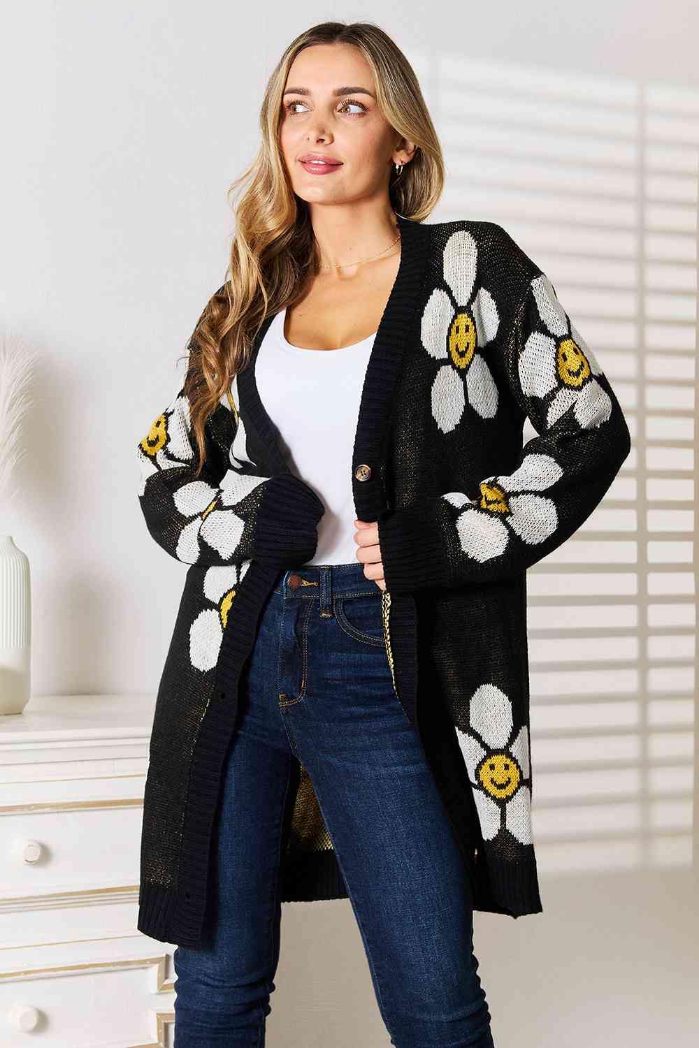 Double Take Floral Button Down Longline Cardigan - Trendsi