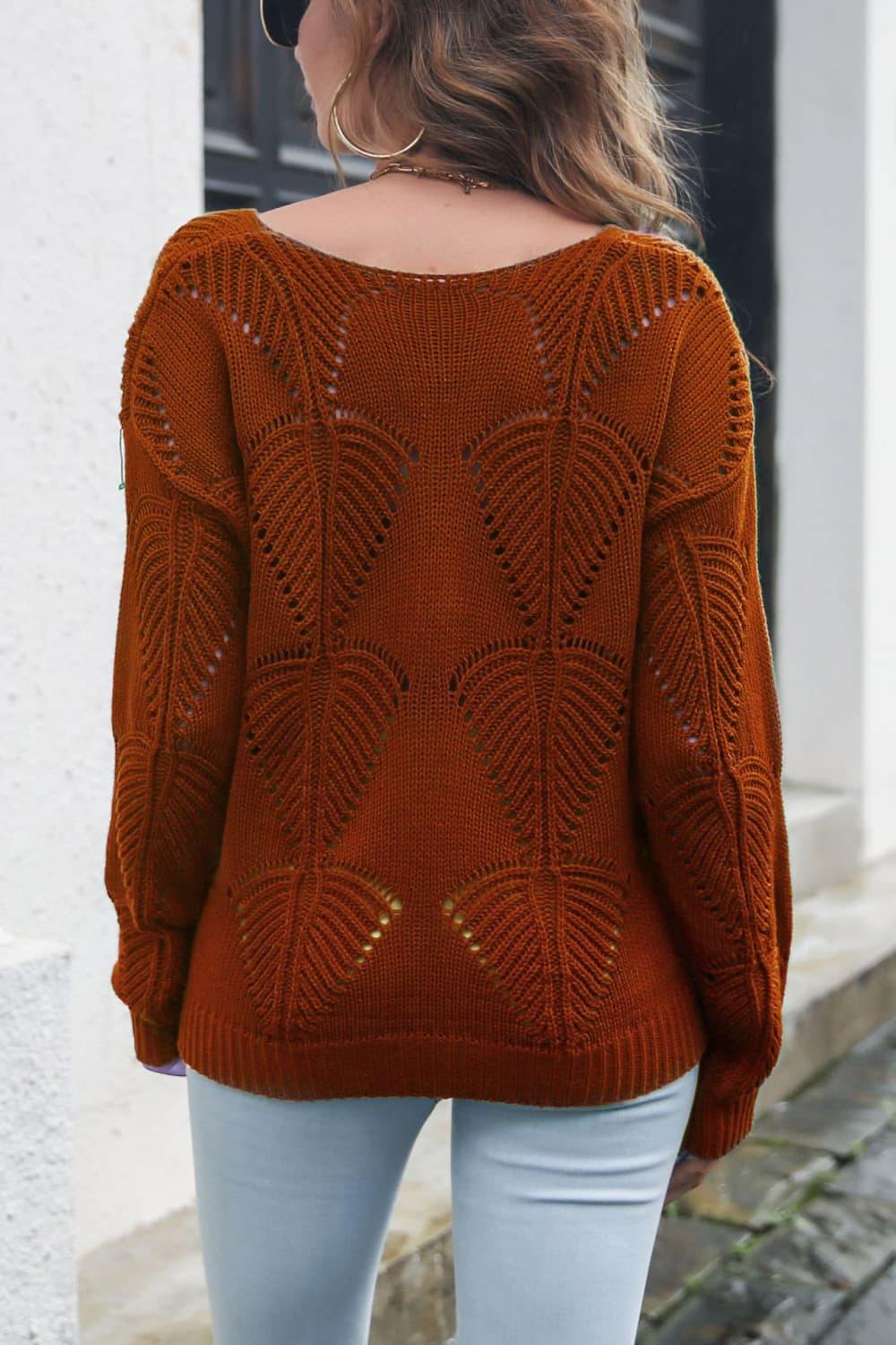 Openwork V-Neck Dropped Shoulder Sweater - Trendsi