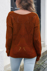 Openwork V-Neck Dropped Shoulder Sweater - Trendsi