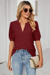 Eyelet Notched Short Sleeve T-Shirt - Trendsi - Flyclothing LLC