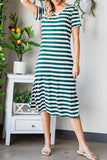 Striped V-Neck Short Sleeve Side Slit Dress - Trendsi