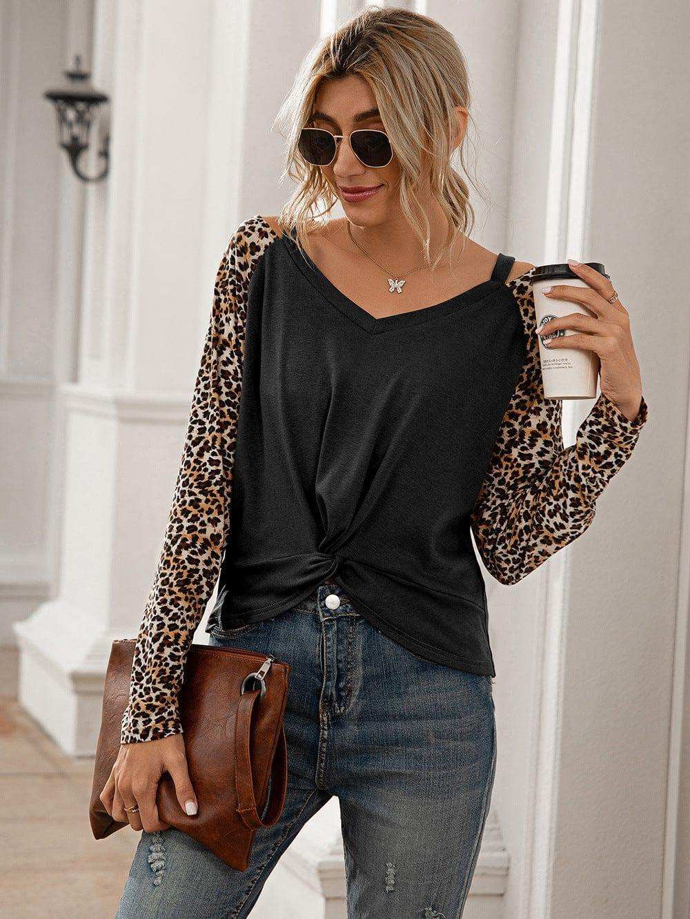 Leopard Twist Front Cold-Shoulder Tee - Trendsi - Flyclothing LLC
