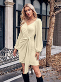 Asymmetrical Surplice Puff Sleeve Mini Dress - Trendsi - Flyclothing LLC