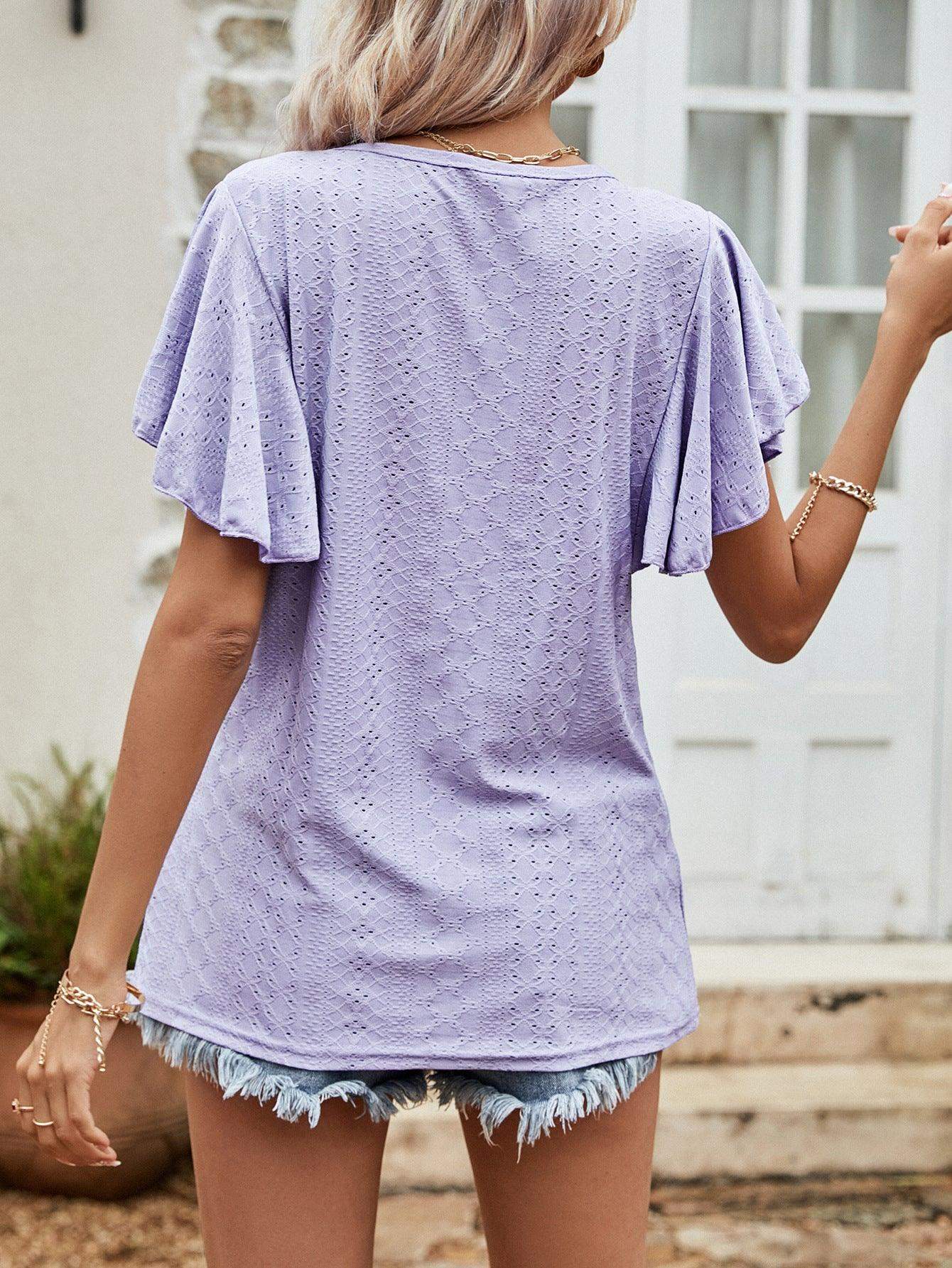 Round Neck Flutter Sleeve Blouse - Trendsi - Flyclothing LLC