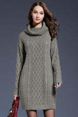 Full Size Mixed Knit Cowl Neck Dropped Shoulder Sweater Dress - Trendsi