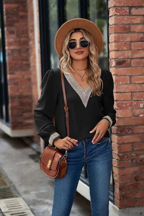 V-Neck Lace Detail Long Sleeve Top - Trendsi - Flyclothing LLC