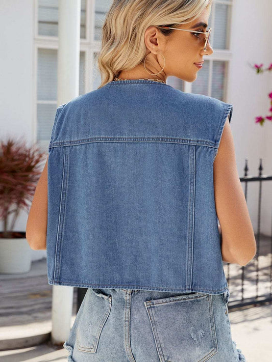 Pocketed Button Up Sleeveless Denim Jacket - Trendsi - Flyclothing LLC