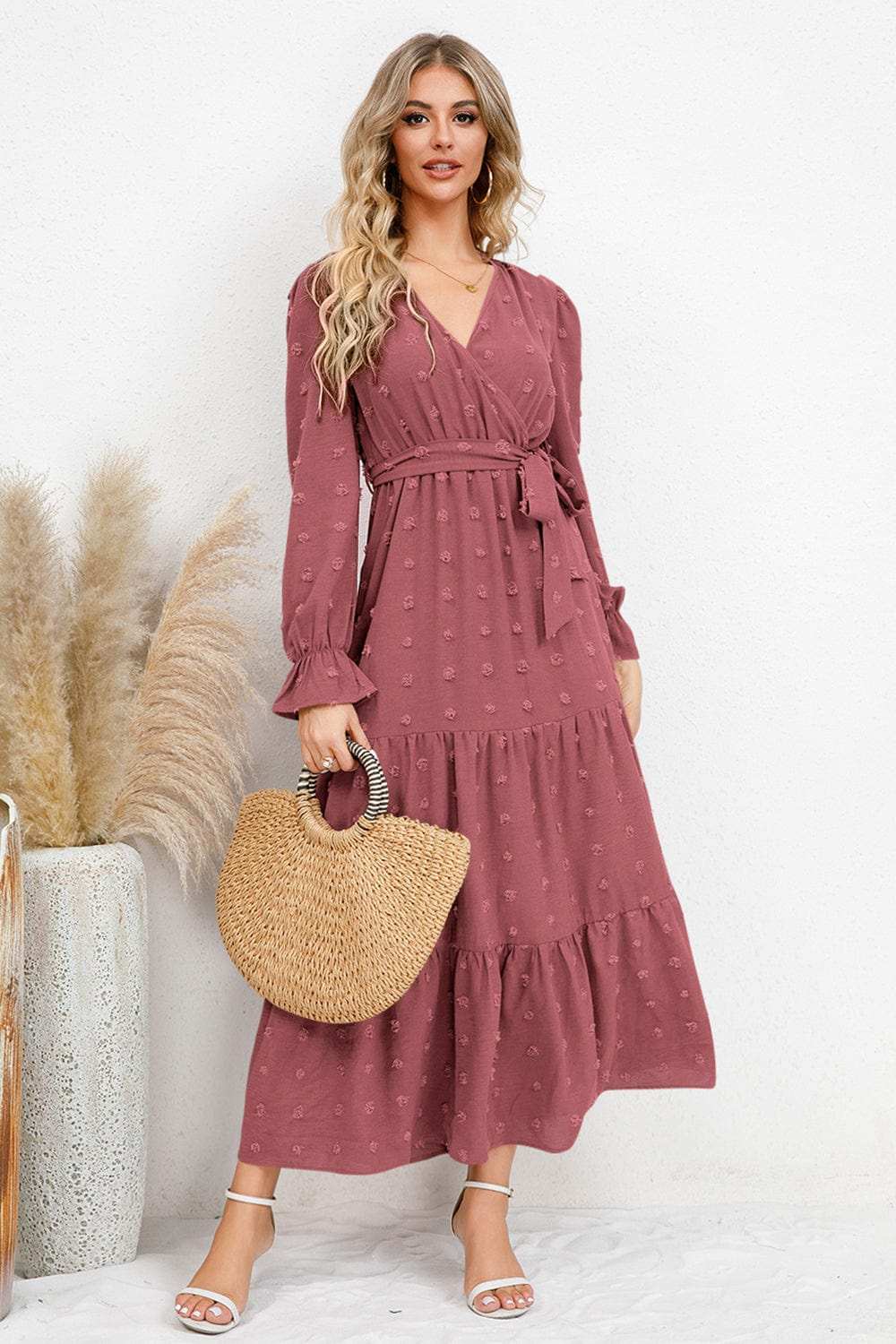Swiss Dot Tied Surplice Flounce Sleeve Dress - Trendsi - Flyclothing LLC