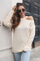 Ribbed Cold Shoulder Round Neck Pullover Sweater - Trendsi