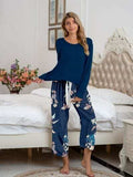 Round Neck Top and Printed Pants Lounge Set - Trendsi - Flyclothing LLC