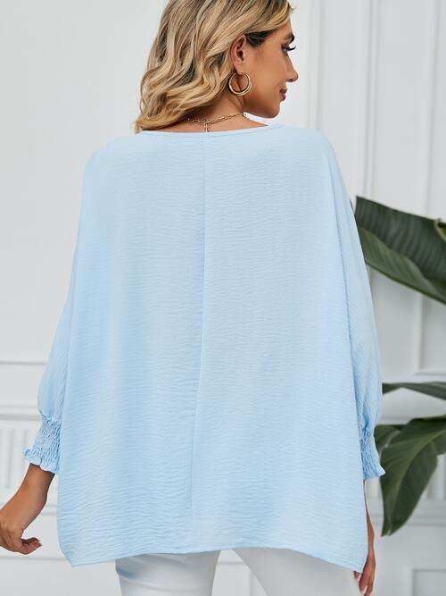 Smocked Lantern Sleeve Round Neck Blouse - Trendsi - Flyclothing LLC