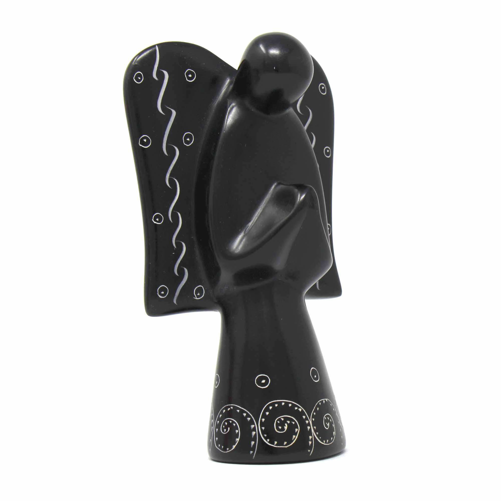 Soapstone Angel Sculpture - Black Finish with Etch Design - SMOLArt - Flyclothing LLC