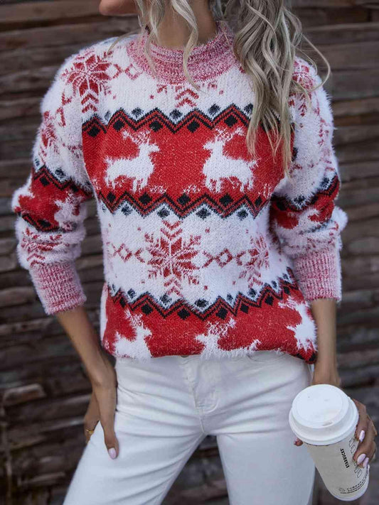 Reindeer & Snowflake Round Neck Sweater - Trendsi