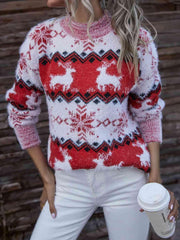 Reindeer & Snowflake Round Neck Sweater - Trendsi