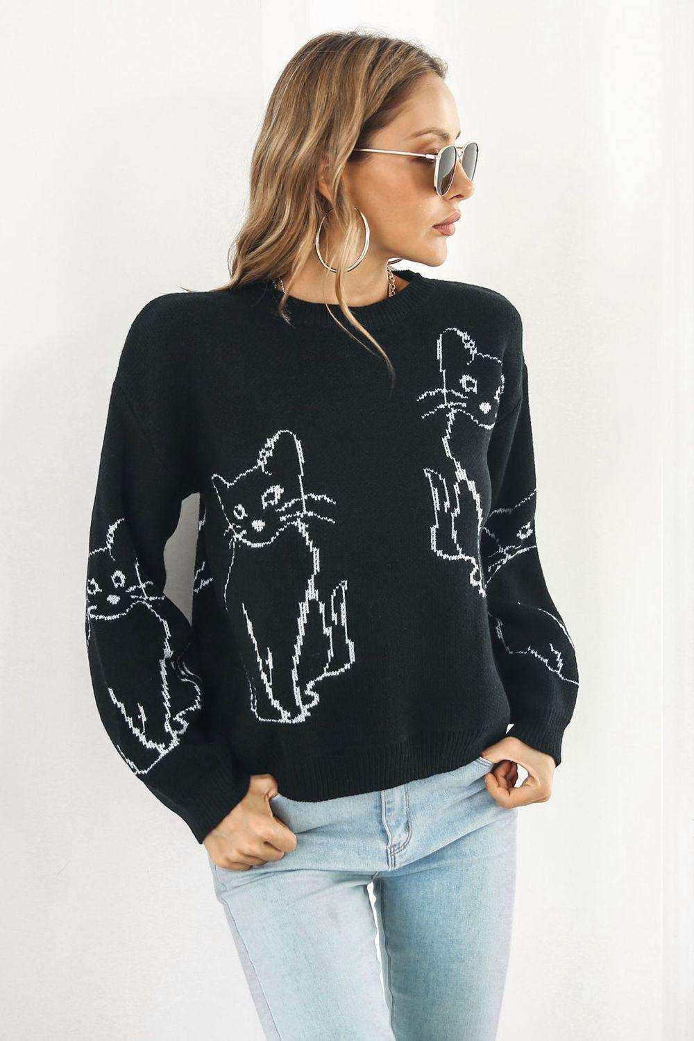 Cat Pattern Round Neck Long Sleeve Pullover Sweater - Trendsi - Flyclothing LLC